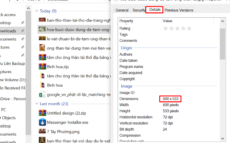 Chọn tab Chi tiết (Details) và xem kích thước