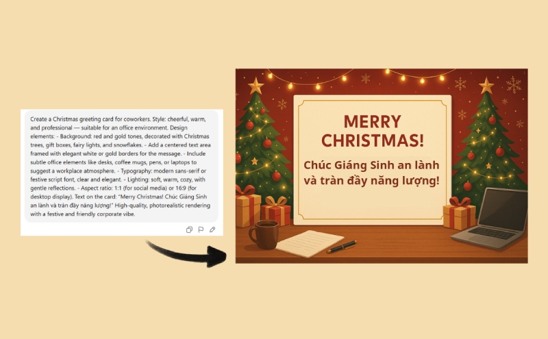 Thiệp Giáng Sinh được tạo từ prompt minh họa