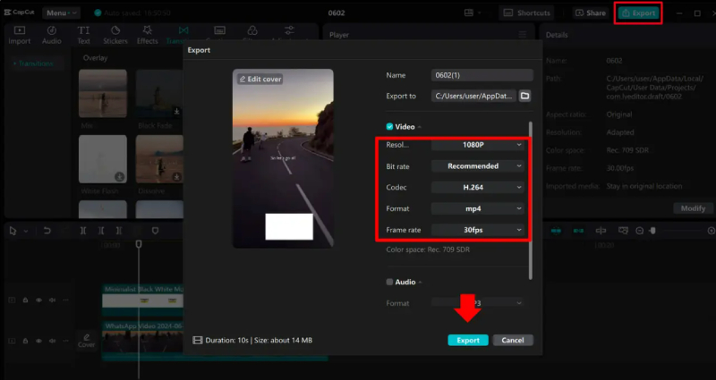 Xuất video CapCut và tùy chỉnh độ phân giải trên máy tính