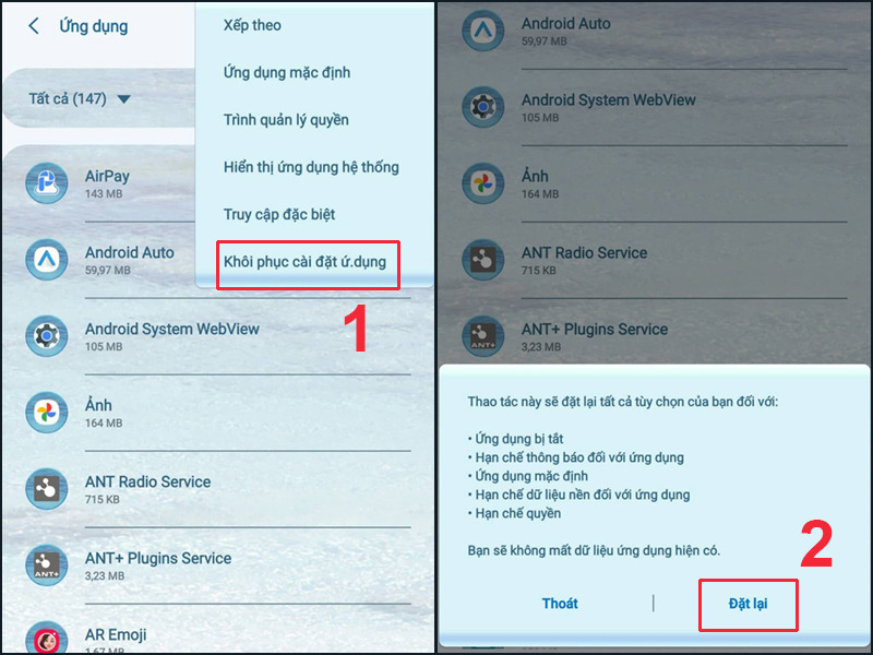 Các bước khôi phục cài đặt ứng dụng Android