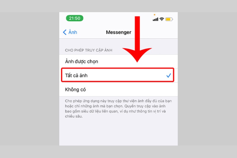 Cấp quyền gửi ảnh trên Messenger trong cài đặt iPhone