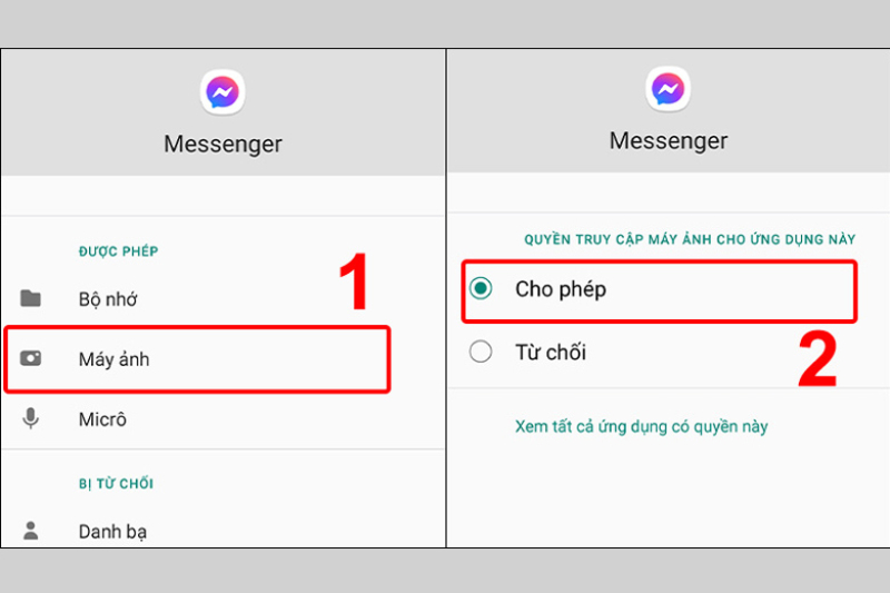 Cấp quyền truy cập máy ảnh cho ứng dụng Messenger để gửi ảnh
