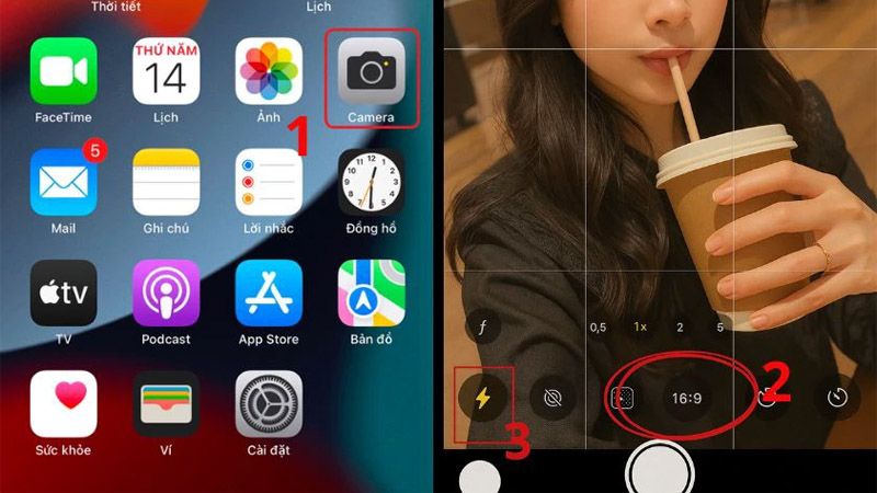 mo-ung-dung-camera-chon-vao-kich-thuoc-169-va-bat-den-flas Chọn kích thước khung ảnh 16:9 và bật đèn Flash