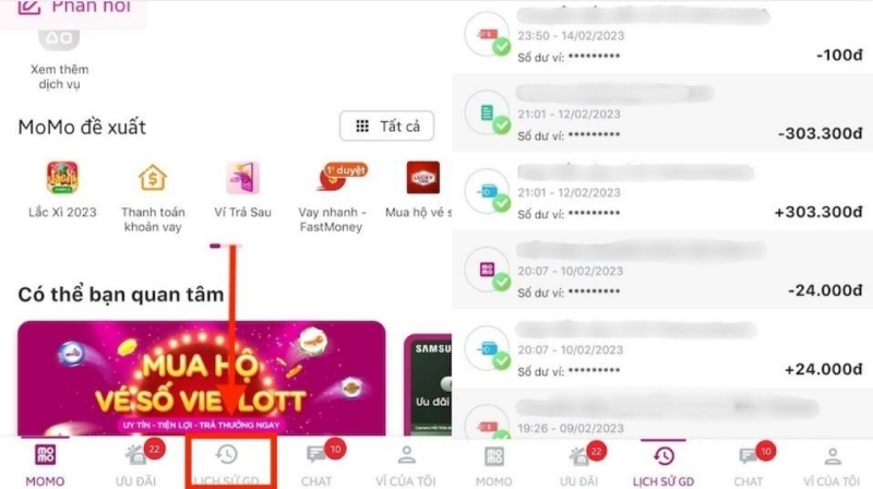 Lịch sử giao dịch ví MoMo hiển thị các khoản nạp và chi tiêu