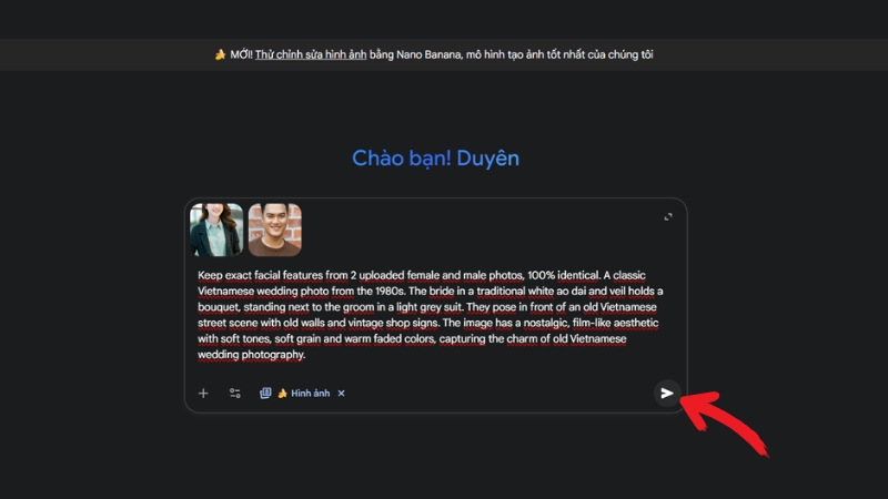 Nhập prompt tạo ảnh cưới chi tiết vào khung chat của Gemini
