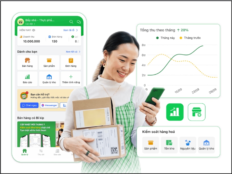Người bán hàng sử dụng ứng dụng quản lý đơn và doanh thu online