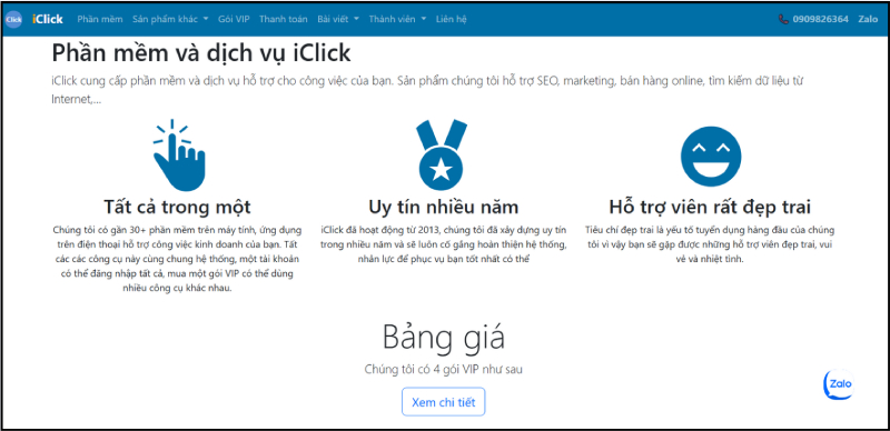 Trang giới thiệu phần mềm iClick hỗ trợ SEO và marketing online
