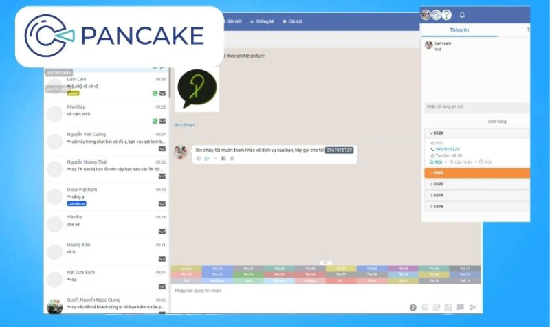 Giao diện phần mềm Pancake quản lý tin nhắn và đơn hàng Facebook