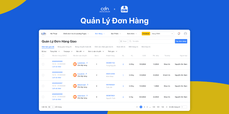 Giao diện quản lý đơn hàng vận chuyển trên nền tảng CDN