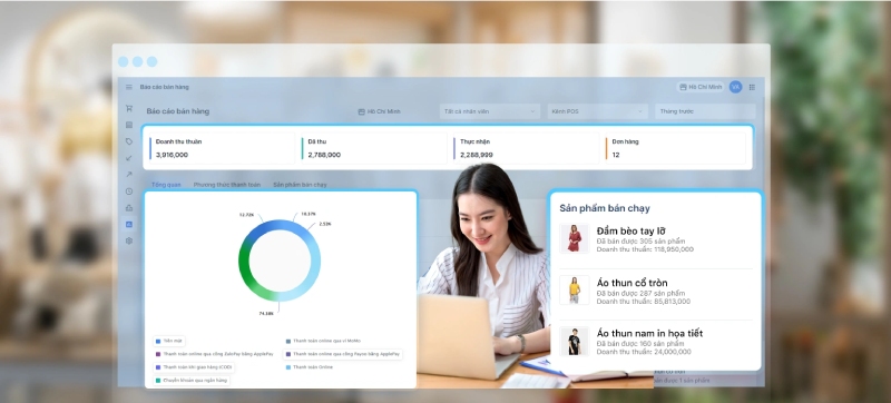 Nhân viên theo dõi báo cáo doanh thu và sản phẩm bán chạy