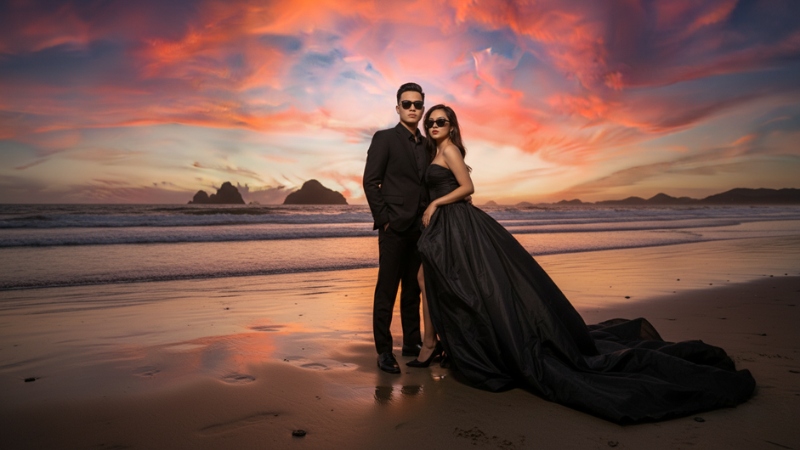 Prompt tạo ảnh cưới AI với bối cảnh hoàng hôn