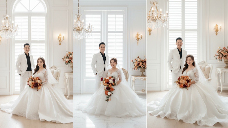 Prompt tạo ảnh cưới AI chuyên nghiệp trong studio