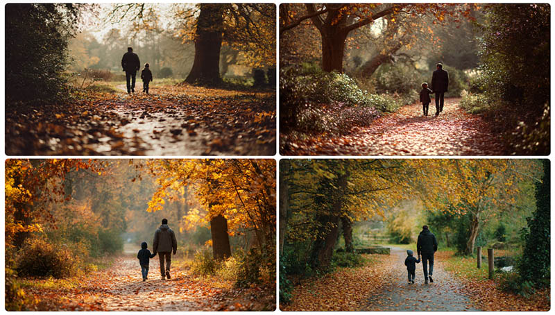 Người cha dắt con đi bộ trong công viên