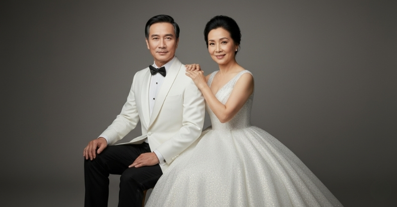 Prompt tạo ảnh cưới cho bố mẹ trong studio tối giản