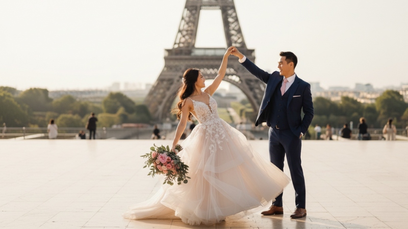 Prompt AI để tạo ảnh cưới lãng mạn tại tháp Eiffel
