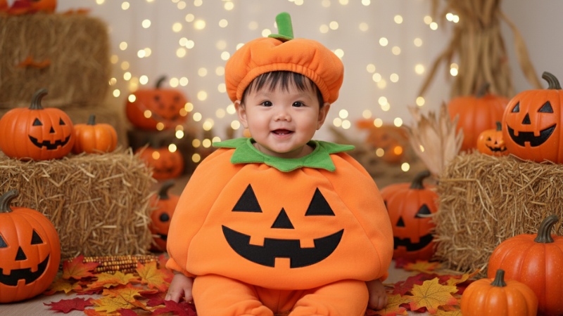 Prompt tạo ảnh Halloween cho bé trong trang phục bí ngô đáng yêu