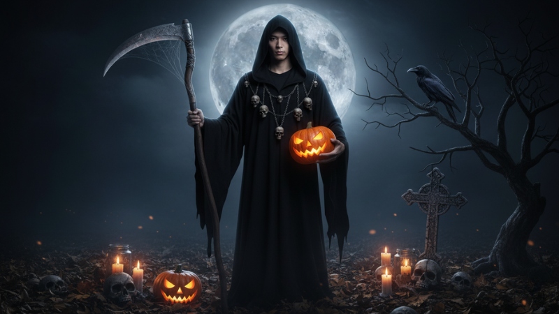 Prompt tạo ảnh Halloween cho nam bối cảnh đêm u ám đầy nghệ thuật