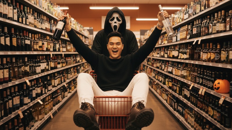 Prompt tạo ảnh Halloween cho nam hài hước với Ghostface trong siêu thị
