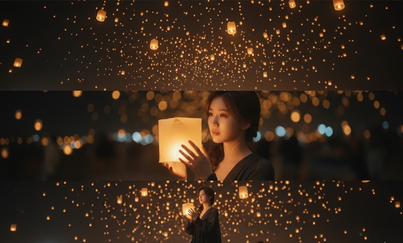 Cô gái đứng giữa hàng ngàn đèn lồng lung linh