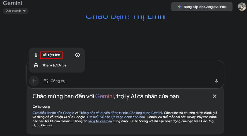 Truy cập công cụ Gemini và chọn tải lên tệp