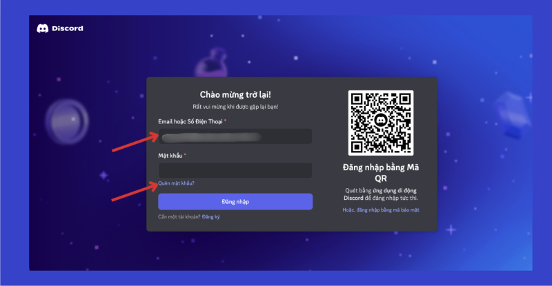 Trang đăng nhập Discord và tùy chọn quên mật khẩu