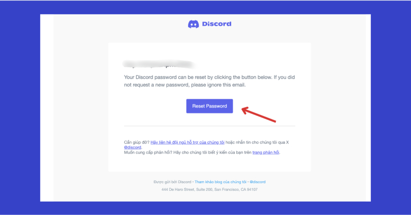 Email đặt lại mật khẩu Discord với nút Reset Password