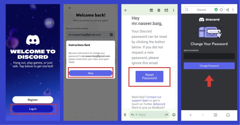 Thao tác khôi phục mật khẩu Discord trên điện thoại