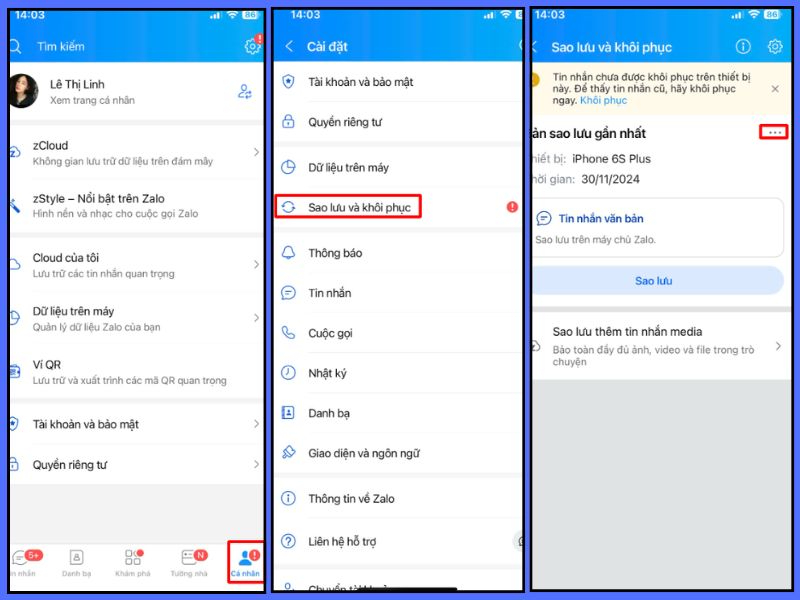 Vào trang Cá nhân và chọn Sao lưu & khôi phục