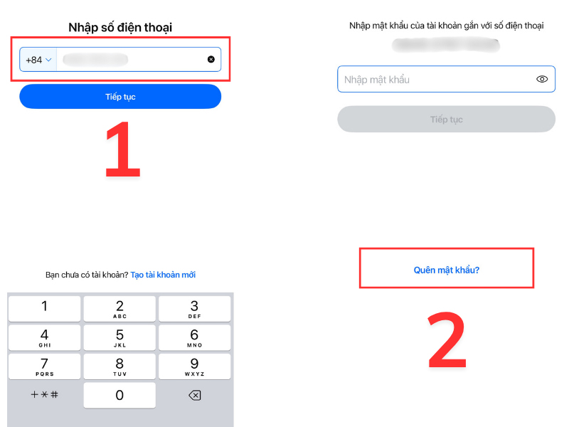 Nhập số điện thoại và bấm quên mật khẩu