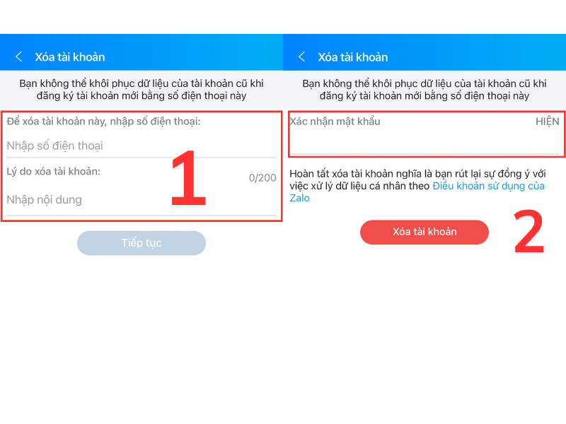 Nhập số điện thoại và xác nhận mật khẩu để xoá tài khoản