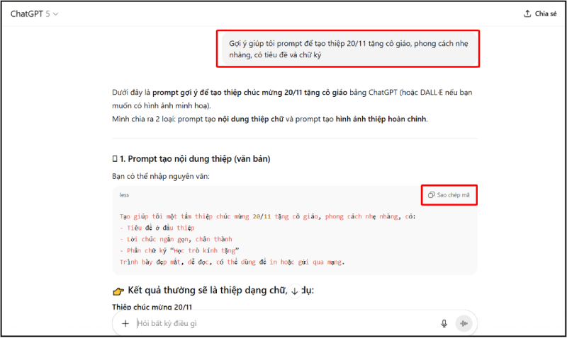 Giao diện ChatGPT hướng dẫn tạo prompt thiệp chúc mừng 20/11