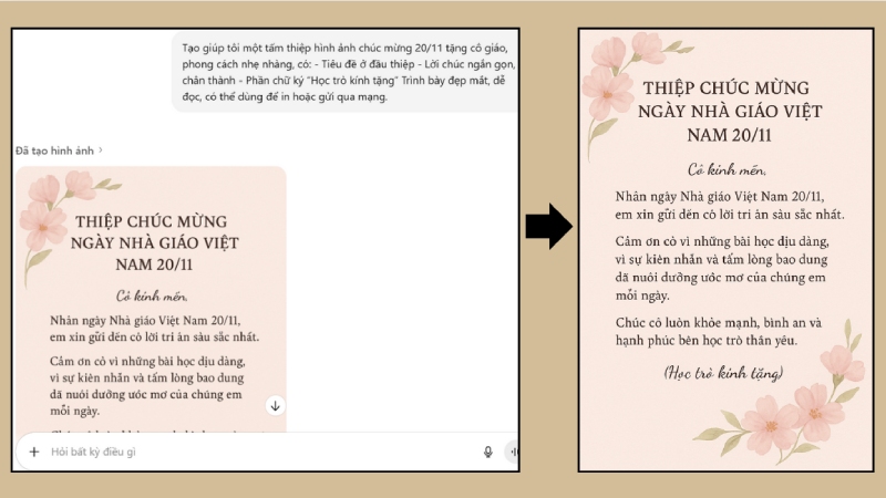 Mẫu thiệp chúc mừng ngày 20/11 được tạo bằng ChatGPT