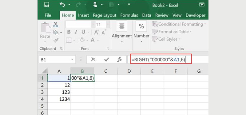 Thêm số 0 ở đầu trong Excel bằng hàm Right