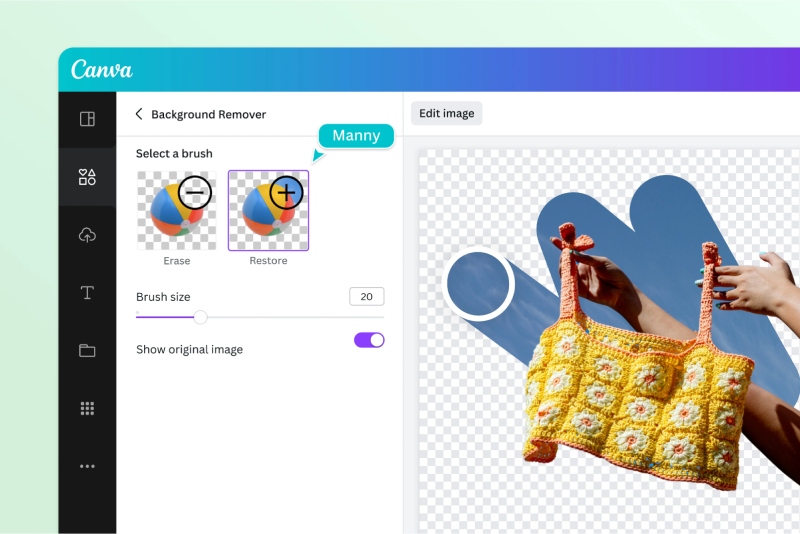 Giao diện công cụ xóa nền trong Canva với ảnh túi len đang được chỉnh sửa