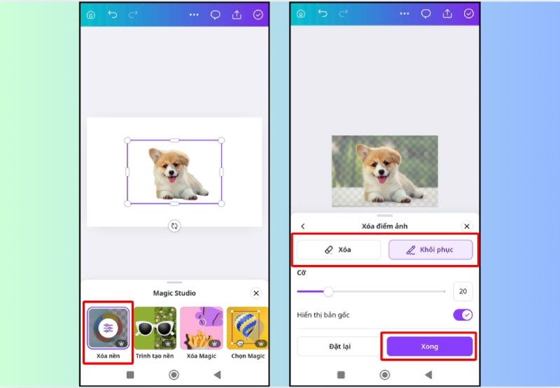 Chỉnh sửa chi tiết phần xóa nền và khôi phục ảnh trong Canva