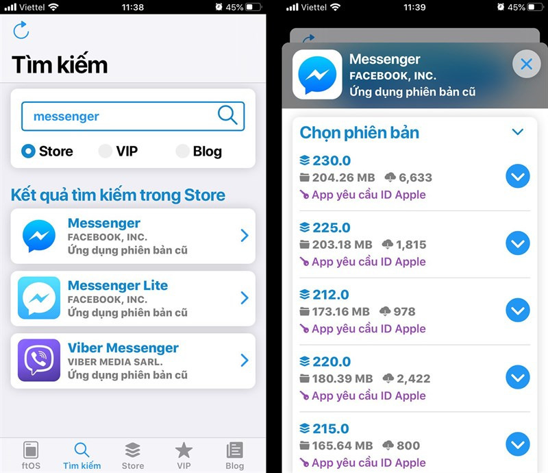 Tìm phiên bản cũ Messenger và tải xuống