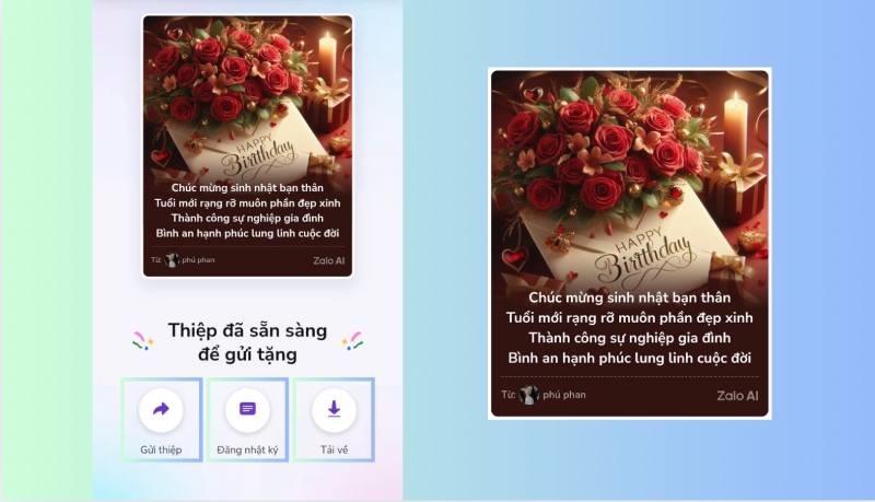 Mẫu thiệp sinh nhật Zalo AI với hoa hồng và lời chúc trang trọng