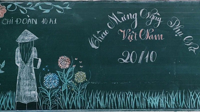 Bảng vẽ cô gái áo dài nón lá và hoa, chào mừng 20/10