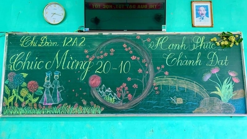 Bảng trang trí 20/10 với hai nữ sinh áo dài, hoa và cây cầu