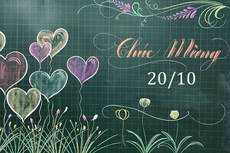 Bảng vẽ bóng bay trái tim và hoa kèm chữ chúc mừng 20/10