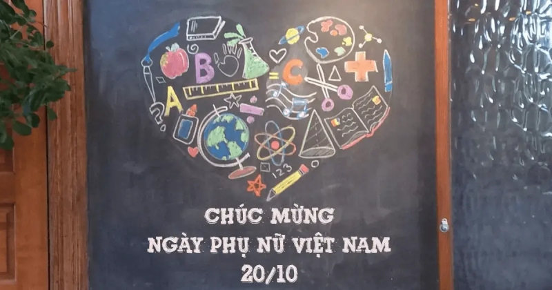 Bảng trang trí 20/10 với trái tim ghép từ biểu tượng học tập đầy màu sắc