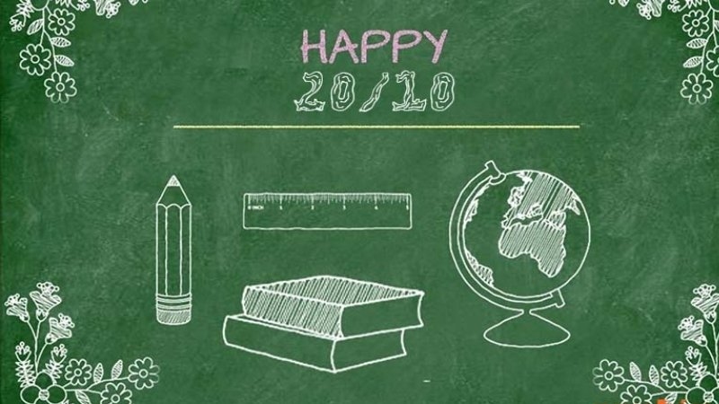 Trang trí bảng Happy 20/10 với bút, sách, quả địa cầu và hoa văn trắng