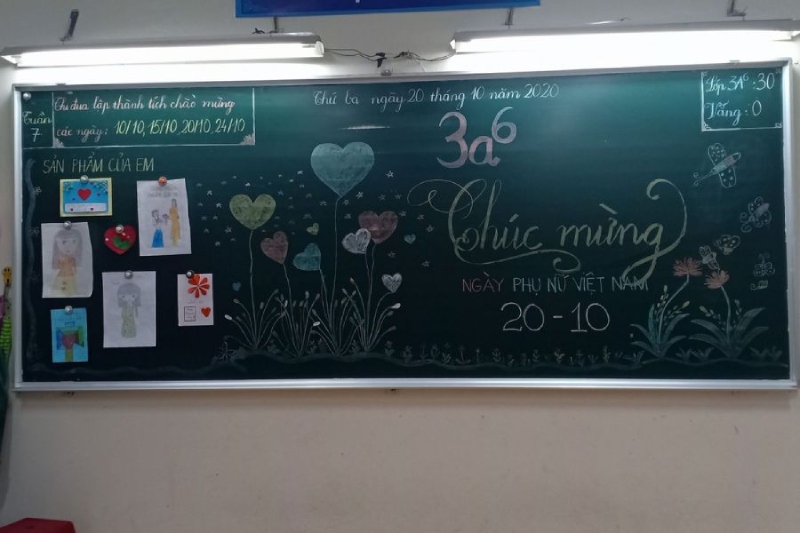 Bảng chào mừng 20/10 với tranh vẽ và hoa trái tim