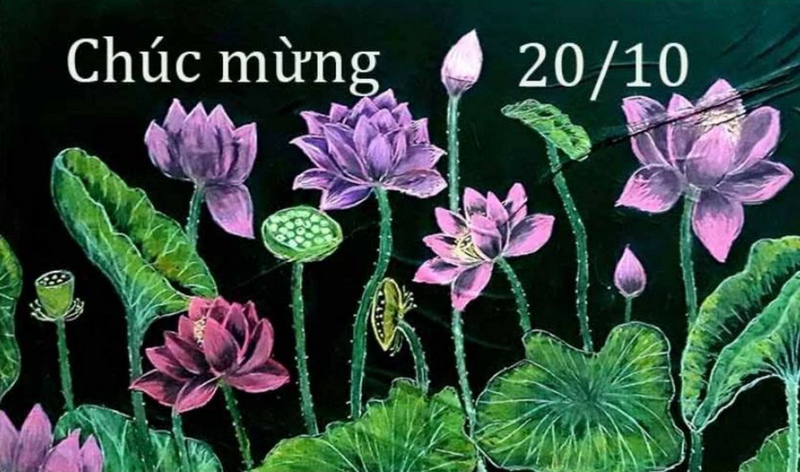 Vẽ hoa sen tím xanh kèm chữ chúc mừng 20/10