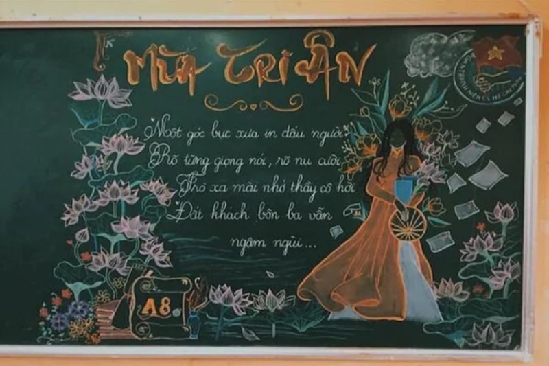 Bảng vẽ cô giáo áo dài, hoa sen và tiêu đề Mùa tri ân