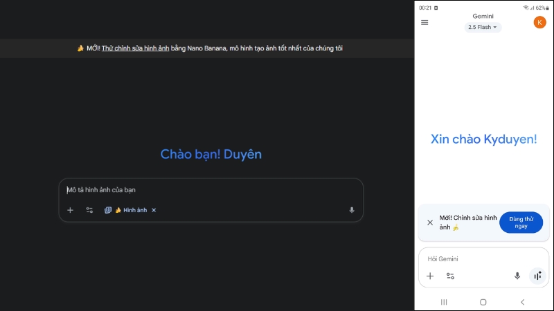 Giao diện chính của Gemini web và ứng dụng