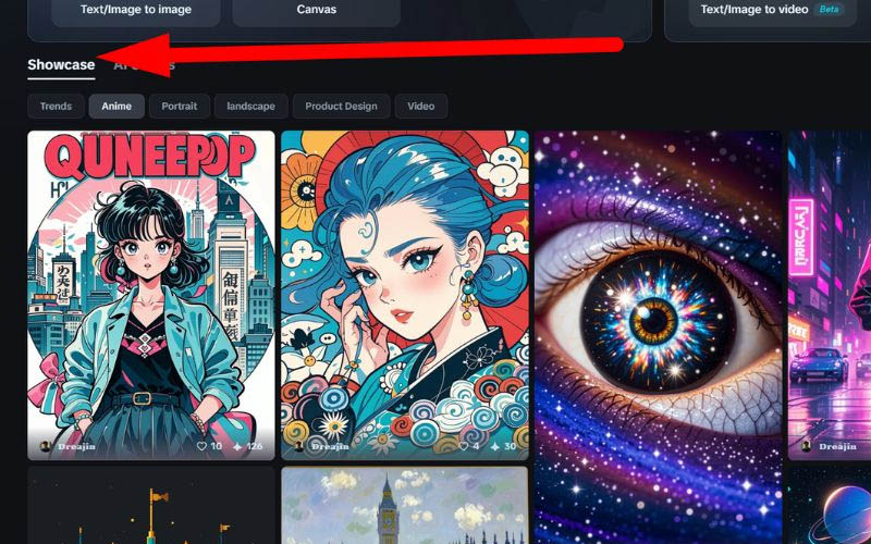 Vào mục Showcase và chọn bức ảnh mẫu bạn muốn AI tạo theo
