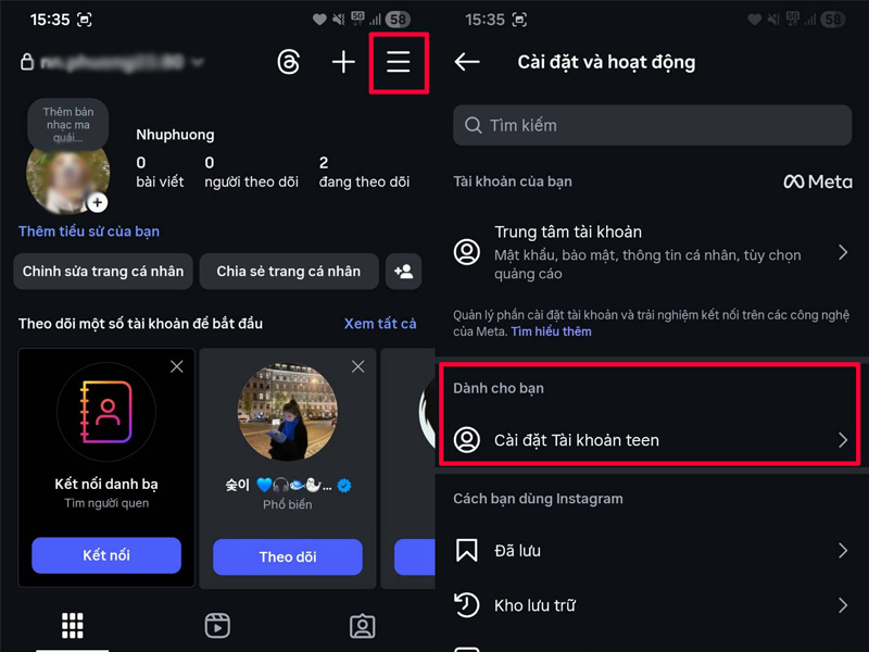 Chọn Cài đặt tài khoản Teen trong menu cài đặt