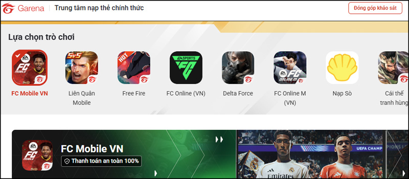 Chọn vào game FC Mobile VN để nạp FV