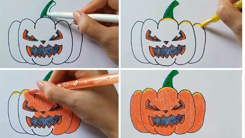 Tô màu cam và xanh hoàn thiện bí ngô Halloween